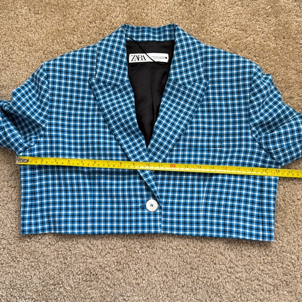 Zara Blogger Favorite Cropped Blue Plaid Blazer Women’s Size Medium - Picture 8 of 12
